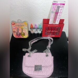 Quilted Light Pink Handbag with Chain Strap with women’s beauty care accessories